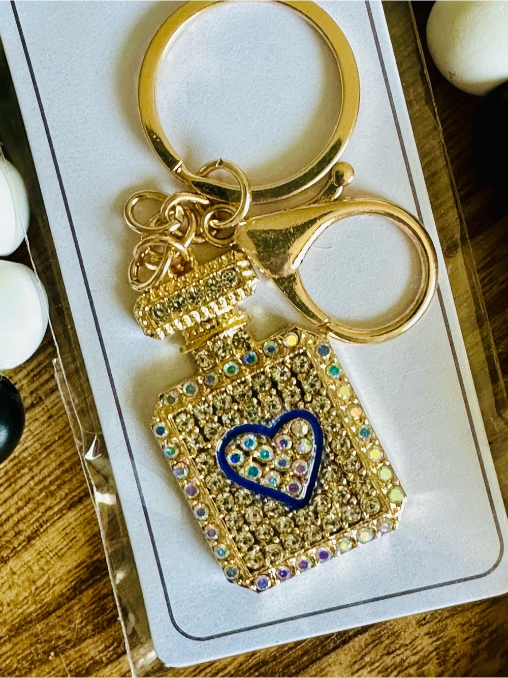 NWT Gold Bag Charm Keychain Crystal Perfume Bottle w/ Blue  Enameled Heart